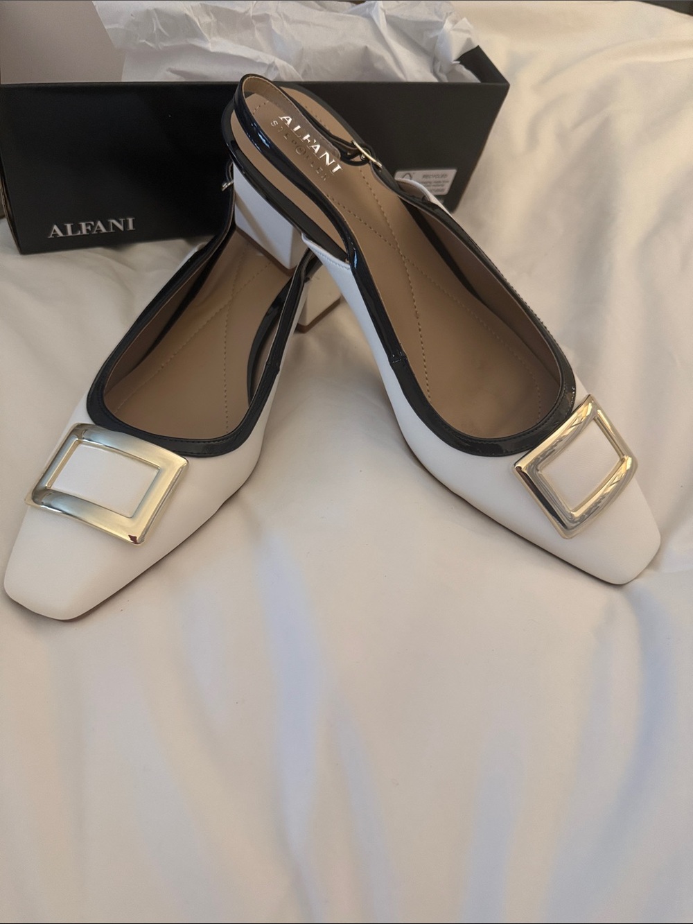 Alfani White Slingback Heels with Gold Buckle Trim
